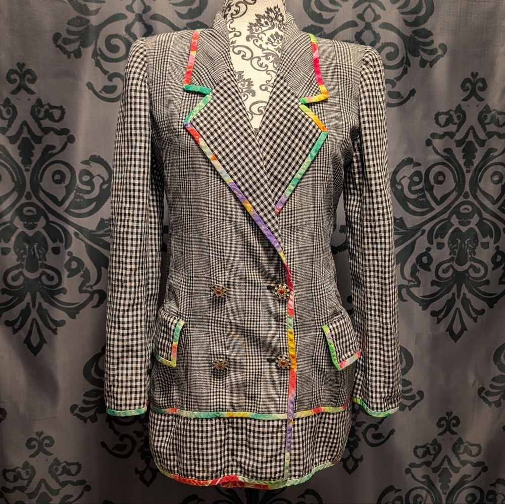 RARE Vintage Emanuel Ungaro Black and White Plaid Blazer Tie Dye Trim